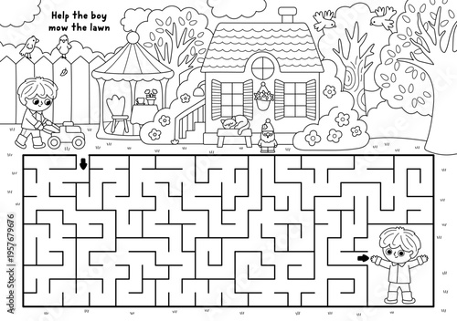 Garden black and white maze with boy mowing grass with mower. Line labyrinth game with nature scene. Spring coloring page, printable activity, worksheet with gardener child