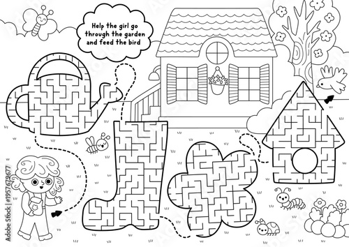 Garden black and white maze with geometrical watering can, boot, flower, birdhouse. Line labyrinth game. Spring printable activity, coloring page, worksheet with gardener child, nature scene