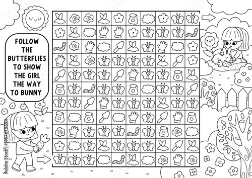 Garden black and white maze, seek and find game with spring landscape. Attention line puzzle, coloring page, printable activity. Logical searching puzzle. Follow butterflies to find way to bunny