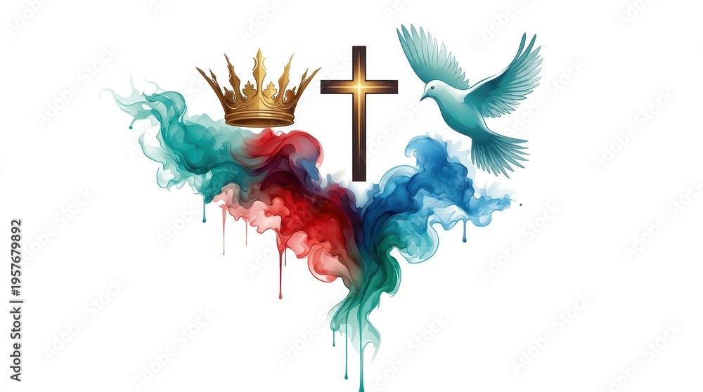 Obraz premium Holy Trinity Symbols: Cross, Crown and Dove of the Holy Spirit on White Background with Color Splashes, Vector Illustration