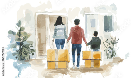 Family carrying moving boxes into a new home, watercolor illustration style