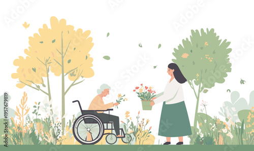 Young woman offers flowers to an elderly woman in a wheelchair in a garden setting