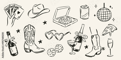 Western Bachelorette Party Doodle Set with Cowboy Boots, Cards, Drinks and Disco Ball