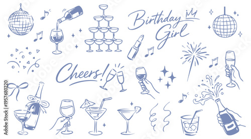 Birthday party celebration doodles set. Champagne, wine glasses, cocktails, disco ball and festive elements hand drawn illustration