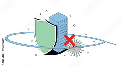 Secure server protected from cyber threat with shield and chain, representing data security, network protection, cybersecurity solutions, safe cloud storage