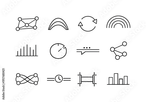 Line style vector icons of team collaboration workspace communication tools: pulse mesh, wave arc, sync line, resonance arc,