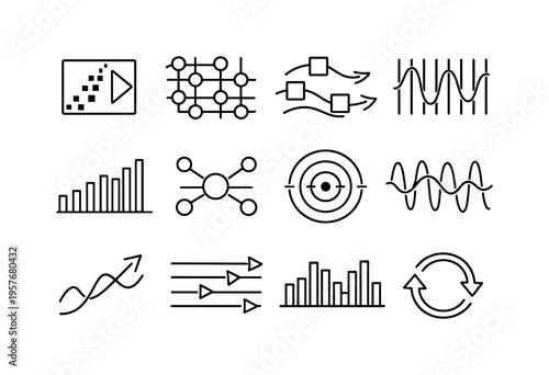 Line style vector icons of video streaming platform content discovery: transition tile, pattern contour, propagation tile,