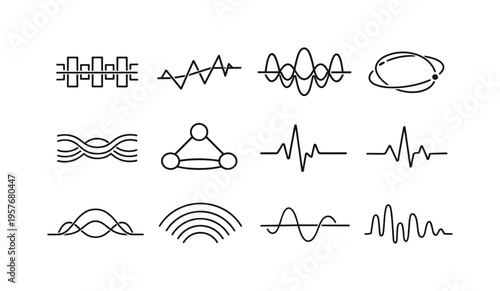 Line style vector icons of customer support service analytics and reporting: pattern band, signal line, resonance contour,