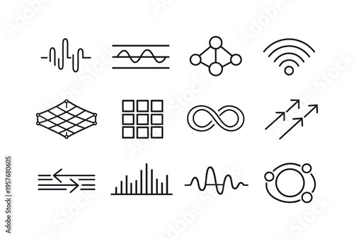 Line style vector icons of cloud computing application services: wave bar, resonance band, feedback node, signal arc, modulation