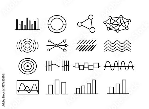 Line style vector icons of payment processing analytics and reporting: frequency tile, interval ring, transition node,