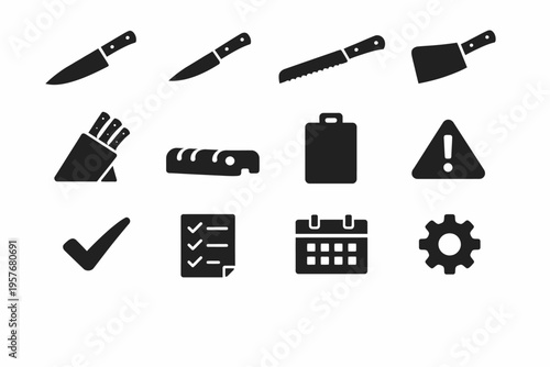Collection of kitchen utensils and utility icons in black silhouettes