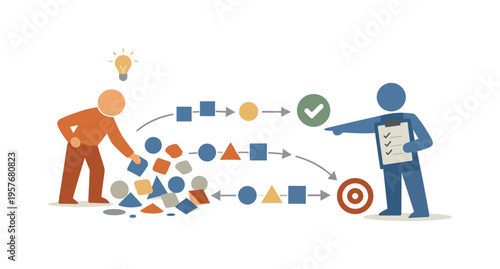 Two abstract geometric figures interconnect and organize scattered shapes into emerging patterns emphasizing clarity and human
