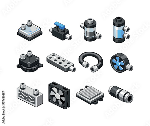 Isometric vector icons of liquid cooling: coolant block, valve module, coolant filter, coolant reservoir, pump head, manifold
