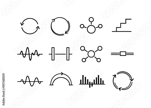 Line style vector icons of informational signs: sync arc, sync ring, feedback node, interval contour, amplitude line, interval