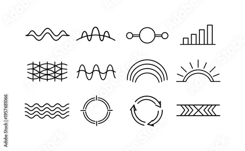 Line style vector icons of oscillatory movement: contraction wave line, rhythmic pulse arc, timing node, expansion bar,