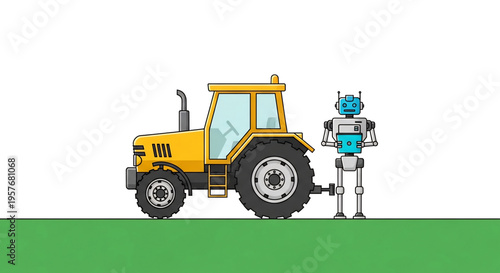 Autonomous tractor working in a field with a robot assistant in smart agriculture.
