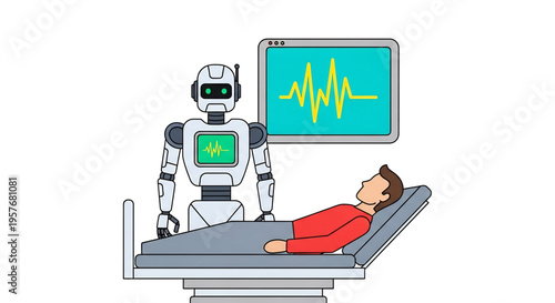 Robot doctor monitoring a patient in a hospital bed with medical equipment and heart rate display.
