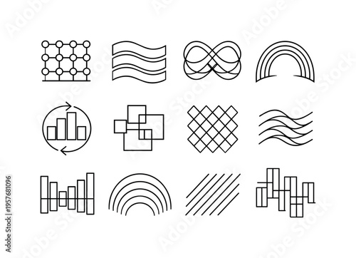 Line style vector icons of startup business launch branding and identity: modulation tile, flow band, loop mesh, resonance arc,