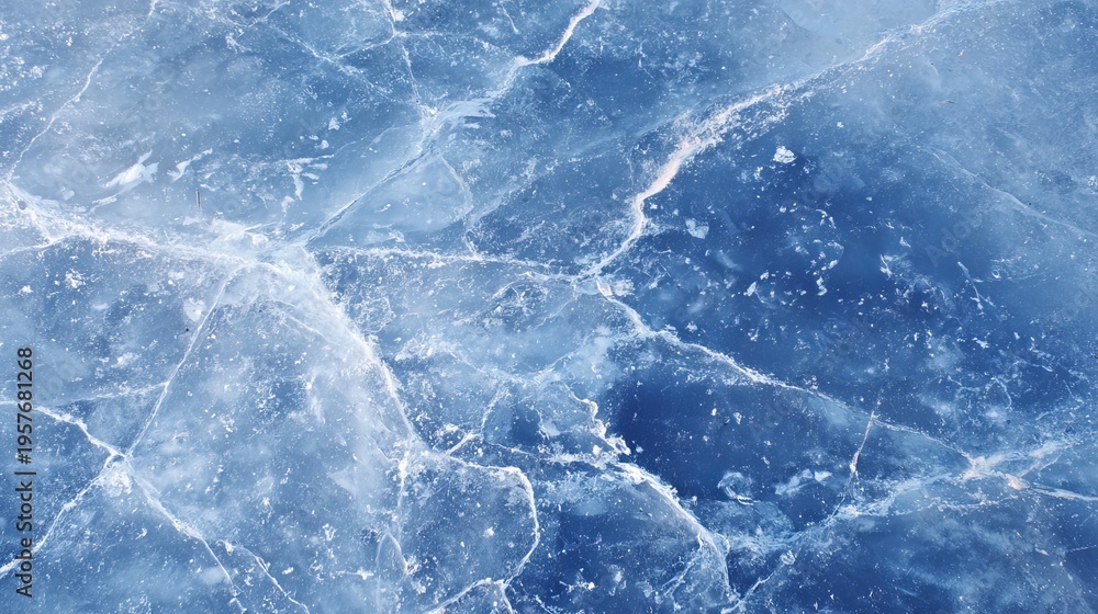 Fototapeta premium A close-up view of a cracked and icy blue surface with white veins and speckles
