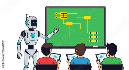 Robot teaching students using a digital board in a classroom.