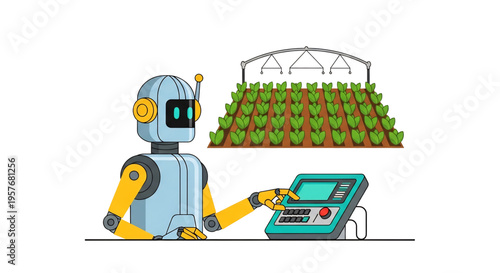 Robot controlling greenhouse farming with digital monitoring system.
