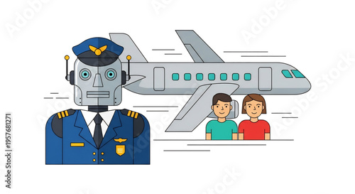 Robot pilot controlling an airplane with passengers nearby.
