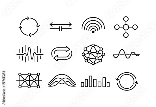 Line style vector icons of payment processing security and compliance: cycle bar, sync bar, resonance band, resonance node,