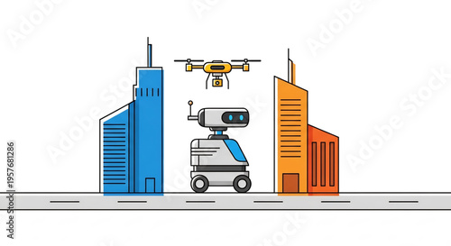 Smart city with drones and robots managing urban infrastructure.