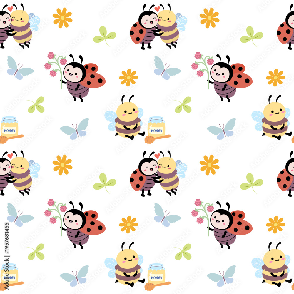 Obraz premium Seamless pattern with cute ladybugs and honey bees, butterflies and berries on white background