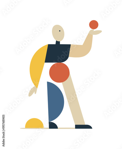 Single abstract geometric figure balances interlocking minimal shapes while surrounding elements remain absent, illustrating