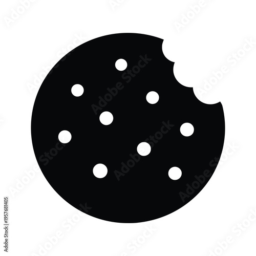 A black and white vector icon of a single round chocolate chip cookie with a bite taken out of it