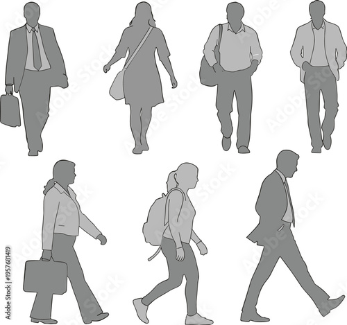 Gray silhouettes of people walking and standing people standing business attire casual clothes