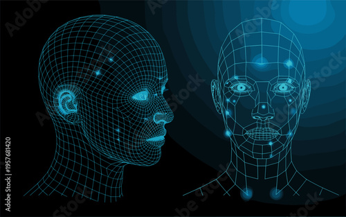 Digital Human Face Wireframe Cyber Technology Illustration with Blue Neon Glow Effects