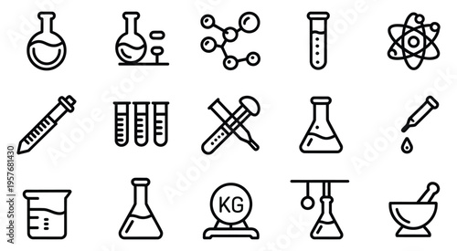 Set of grayscale science-themed icons in a clean, minimalist style, featuring lab equipment flasks, beakers, atom models, test tubes, scales, droppers, mortar and pestle, ideal for education, research