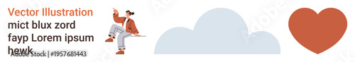 Self-care, creativity, dreamers, motivation, minimalism, love. A person sits on a cloud pointing up accompanied by a heart icon. Self-care and creativity are the main