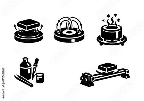 Solid vector icons of flux-locked superconductors: hovering ceramic superconductor, circular magnet base, locked flux paths; cryo