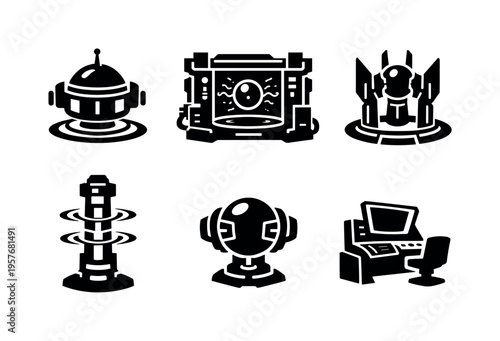 Solid vector icons of localized gravitation control systems: compact gravity modulator, controlled distortion chamber, focal