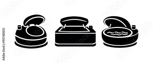 Solid vector icons of salt flotation relaxation units: equilibrium float zone, smooth sealed basin, buoyant saline bath; top