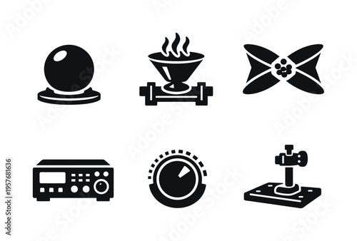 Solid vector icons of near-absolute-zero physics labs: condensate sphere, evaporative cooling stage, atom-trap region;