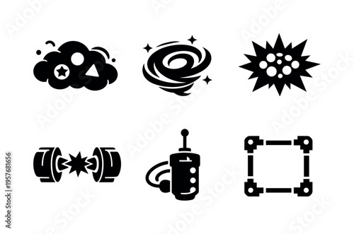 Solid vector icons of quark–gluon plasma states: deconfined quark cloud, gluon field swirl, ultra-hot matter zone; collision