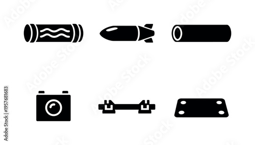 Solid vector icons of pressurized-tube rapid transit: controlled-pressure pipe, ultra-fast capsule, low-resistance channel;