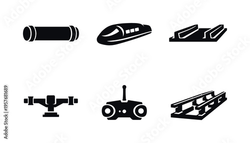 Solid vector icons of vacuum-assisted rail systems: sealed pressure tube, aerodynamic train capsule, frictionless guideway;