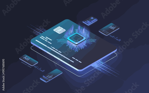 Isometric Digital Credit Card with Glowing Microchip for Fintech and Cyber Security Concept Illustration