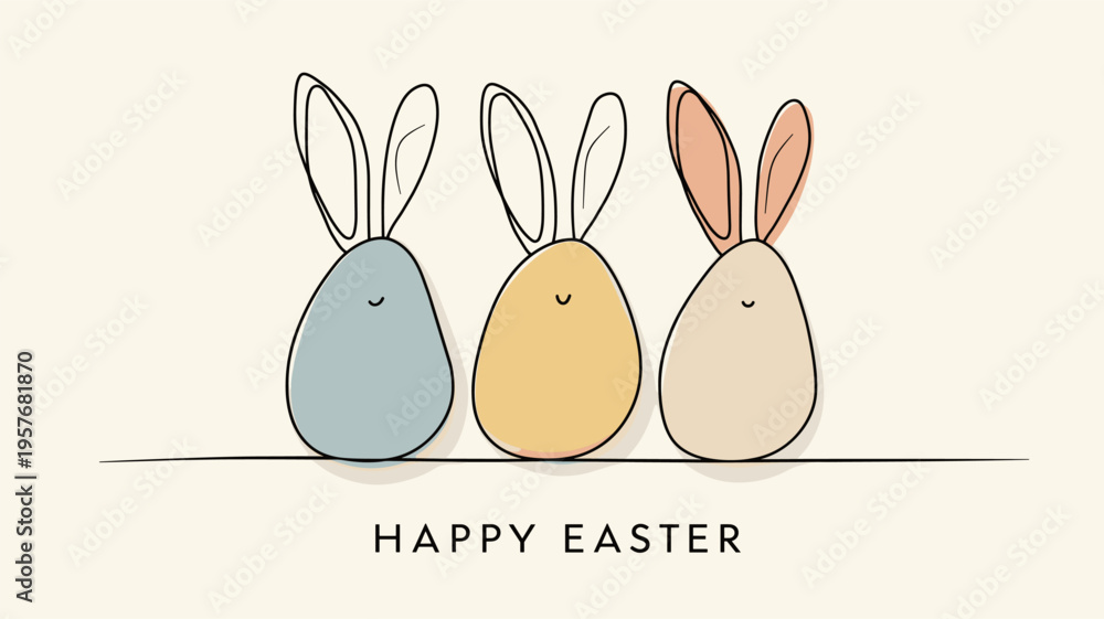 Obraz premium Easter eggs with bunny ears and Happy Easter text. Happy Easter greeting card. Pastel colored eggs with bunny ears and Happy Easter text, celebrating spring holiday