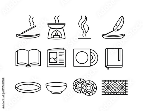 Line style icons of afrohemian home accents: incense, burner, smoke, holder; book, magazine, album, journal; tray, bowl, coaster,