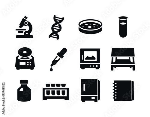 Solid vector icons of biotech lab: microscope, DNA helix, petri dish, test tube, centrifuge, pipette, incubator, biosafety