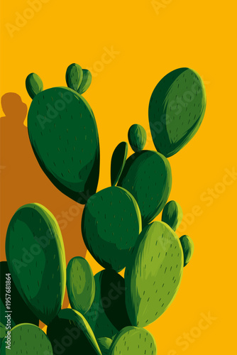 Nopal cactus pads growing with vibrant yellow background. Nopal cactus pads featuring simple graphic shape and casting shadow on yellow wall