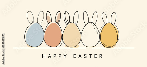 Easter eggs with bunny ears and Happy Easter text. Happy Easter greeting card. Pastel colored eggs with bunny ears and Happy Easter text, celebrating spring holiday