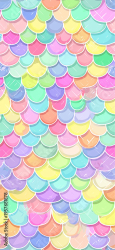 Pastel rainbow mermaid scales seamless pattern background. Cute iridescent texture creating a dreamy fantasy wallpaper for packaging