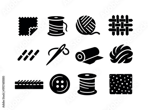 Solid vector icons of tactile fabric: fabric swatch, thread, yarn, woven pattern, stitch, needle, textile roll, fiber, seam,